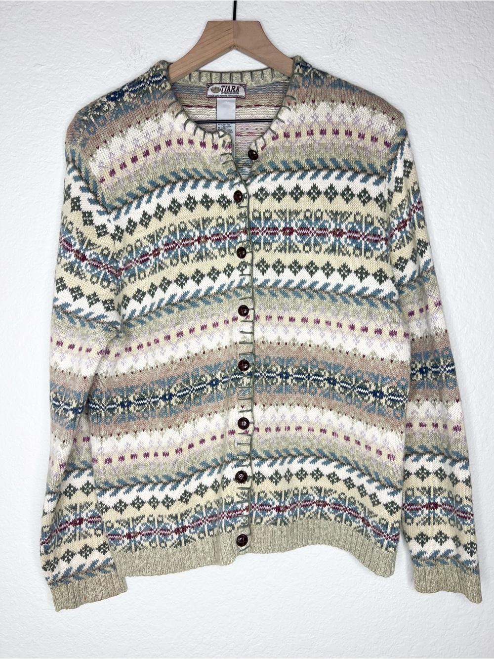 Vintage Fair Isle Sweater Cardigan Tiara International Ramie Cotton size Large
